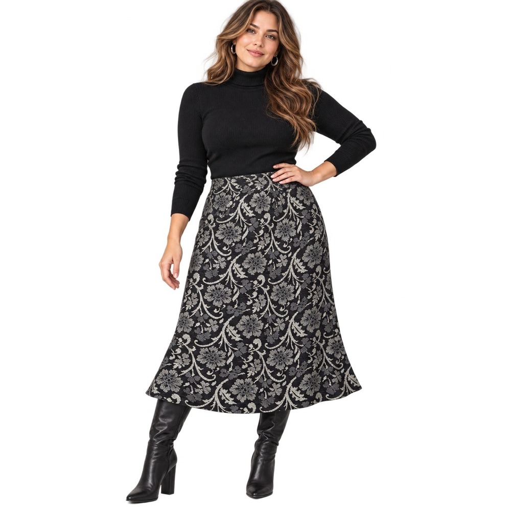 Vintage 90s Harold's Women 10 Black Silver Floral Jacquard Midi Skirt Whimsigoth